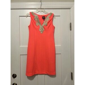 Vince Camuto Neon Pink Coral Gold Embroidered Summer Mini Dress Size 4 Bodycon